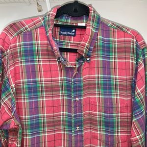 Vintage 90s Distressed Mens Red Green Blue Plaid Shirt Long Sleeve Cotton XL